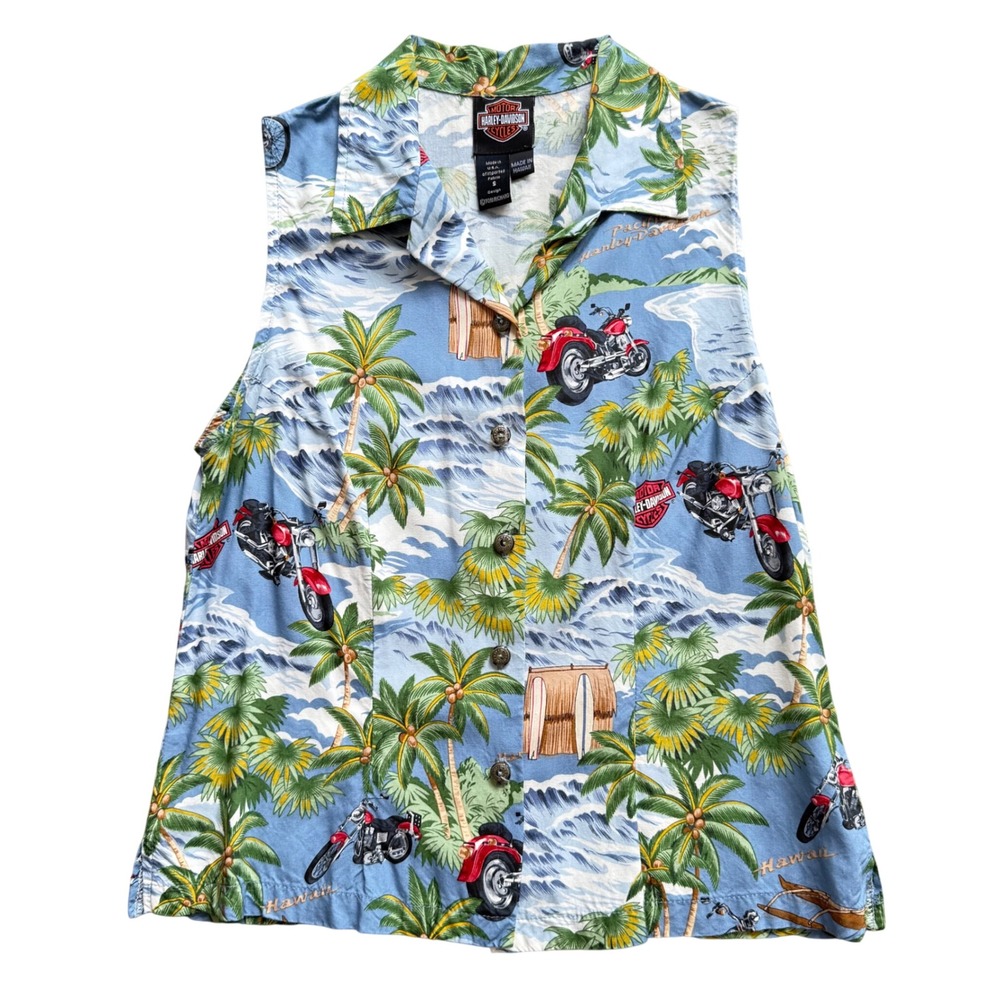 Harley Davidson Hawaiian Shirt Tori Richard Women's Sm Tropical‎ Motorcycle 90s